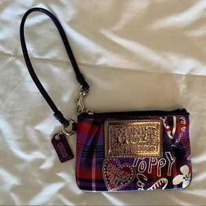 Coach “Poppy” purple plaid wristlet